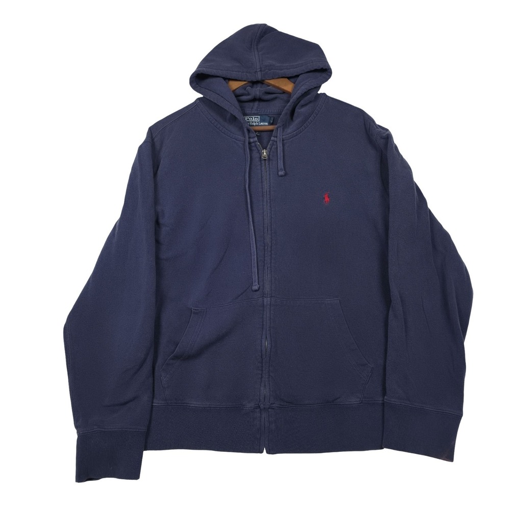 Polo‎ Ralph Lauren Waffle Knit Hoodie Mens L Navy Blue Red Pony Full Zip Thermal